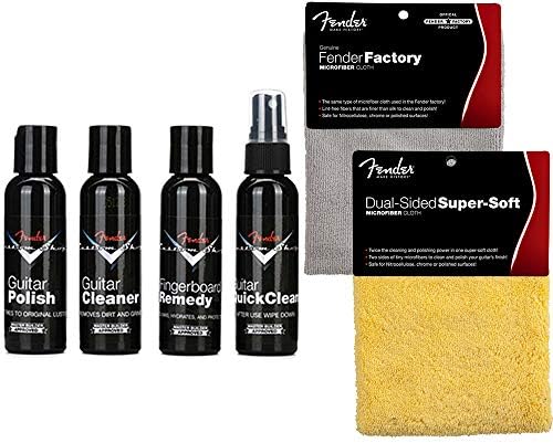 Fender Guitar Super Care Kit Bundle with Custom Shop Deluxe Guitar Care System 4 Pack, Super-Soft Dual-Sided Microfiber Cloth, and Fender Factory Microfiber Cloth