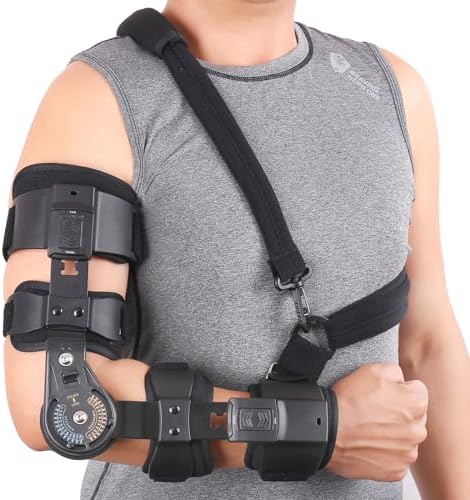 GHORTHOUD Hinged ROM Elbow Brace - Adjustable Post Op Elbow Brace Stabilizer Splint with Strap Sling Arm Injury Recovery Support After Surgery for Men Women (Left, Black)