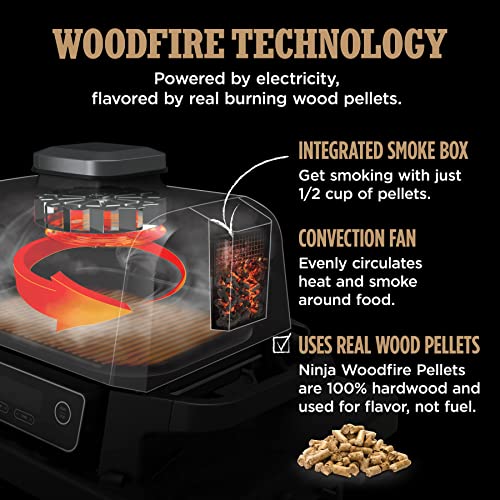 Ninja OG701 Woodfire Outdoor Grill, 7-in-1 Master Grill, BBQ Smoker, & Outdoor Air Fryer plus Bake, Roast, Dehydrate, & Broil, Woodfire Technology, with All Purpose Blend Pellets