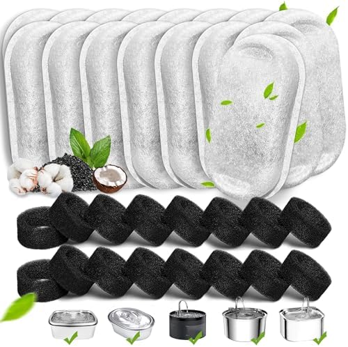 Cat Water Fountain Filters, 32 Pack Cat Fountain Replacement Filters for Stainless Steel 108oz/3.2L& 67oz/2L adjustable Water Flow Pet Water Fountain,Dog Water Fountain Filters（16 Filters& 16 Sponges)
