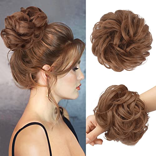 FESHFEN Messy Bun Hair Piece - Large Wavy Curly Elastic Hair Bun Scrunchies Ponytail Extensions Synthetic Chignon Hairpieces for Women, Copper Brown 1.94oz
