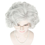 Koonfan Old Lady Wig Granny Grandma Costume 100 Days of School Party Wig Halloween Cosplay Short Silver Wigs