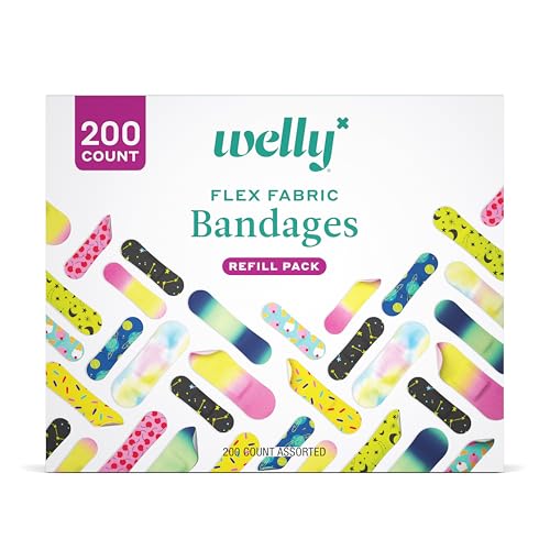 Welly Bandage Refill Ready Pack | Adhesive Flexible Fabric Bandages | Bulk Assorted Shapes and Patterns for Minor Cuts, Scrapes, and Wounds - 200 Count