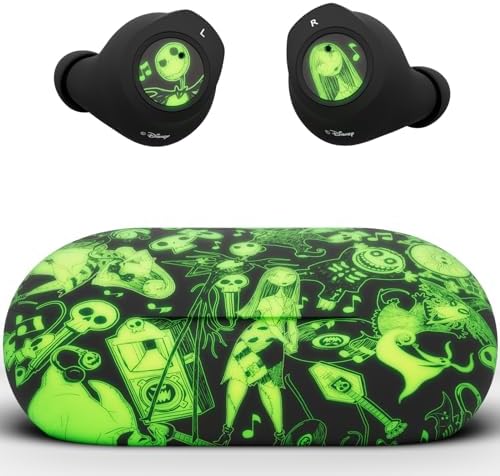 Disney Nightmare Before Christmas Glow in The Dark TWS Earbuds Wireless Bluetooth 5.0 Compatible in-Ear Headset with Built-in Mic & Portable Recharging Case - IPX8 Waterproof, Jack and Sally