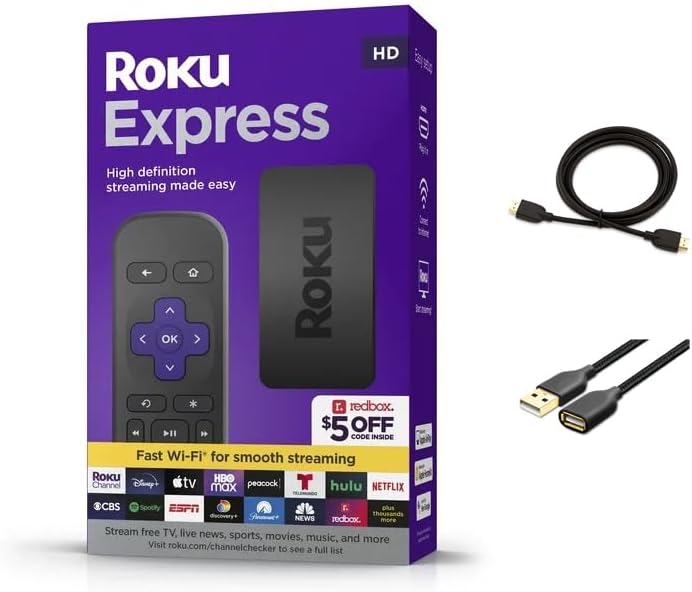 Roku Express HD Streaming Device, with High-Speed HDMI Cable and Simple Remote (no TV Controls), Guided Setup, Fast Wi-Fi, with MTC HDMI Cable and USB Extension Cord, Black