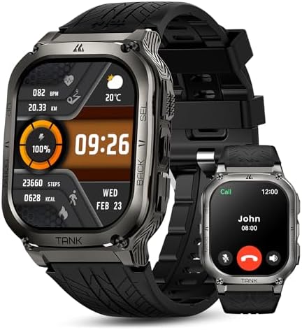 AMAZTIM Smart Watch, 60 Days Extra-Long Battery, 50M Waterproof, Rugged Military Bluetooth Call(Answer/Dial Calls), 2.0" Ultra Large HD Display, AI Voice Assistant (Shiny Black)