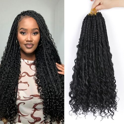Crochet Hair for Black Women,18 Inch Pre Looped 8 Packs Goddess Box Braids Crochet Hair,Boho Box Crochet Braids with Curly Ends,Bohemian Box Knotless Braids Synthetic Hair Extensions,#1B
