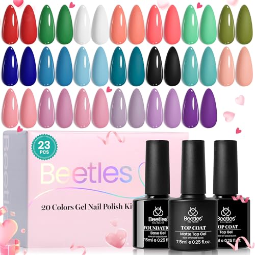 Beetles Gel Nail Polish Set, 20 Colors White Black Nude Gel Nail Polish with Gel Base Coat Matte&Glossy Gel Top Coat Trendy Colors Uv LED Lamp Valentine Gel Nail Polish Valentine's Day Gifts for Women