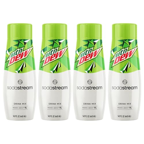 SodaStream - Mountain Dew Soda Drink Mix | For Soda Makers; turns 9.5 Gallons of Fizzy Water into delicious Mountain Dew | 52mg Caffeine per 12oz | Makes 96 Servings | 14.9 Fl Oz, Pack of 4