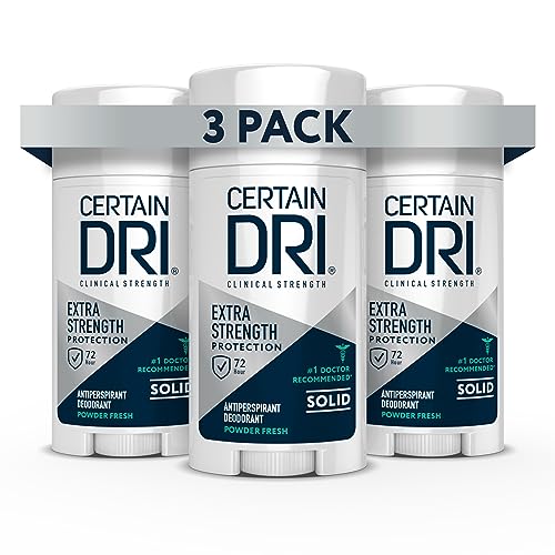 Certain Dri Extra Strength Clinical Antiperspirant Solid Deodorant, Hyperhidrosis Treatment for Men & Women, Long-Lasting 72hr Protection, Effective Sweat Control, Powder Fresh Scent, 1.7oz, 3 Pack
