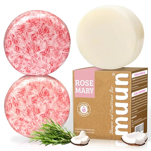 Muun Rosemary Shampoo and Conditioner Bar Set 3 - Natural Solid Hair Growth Soap Bars for Women with Straight, Curly or Thinning Hair for Anti-Hair Loss, Regrowth, pH Balanced, Sulfate & Silicone Free