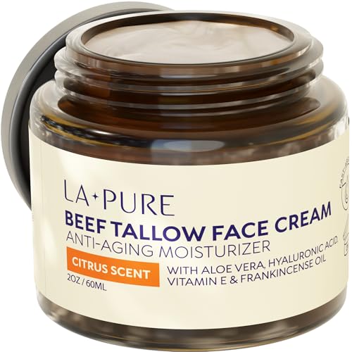 Beef Tallow for Face, Premium Grass-Fed Beef Tallow Face Cream, Deep Moisturizing Complex Hyaluronic Acid, Aloevera & Frankincense Oil, Non-Greasy Anti-Aging Moisturizer for Skin, Citrus Scent, 2 oz