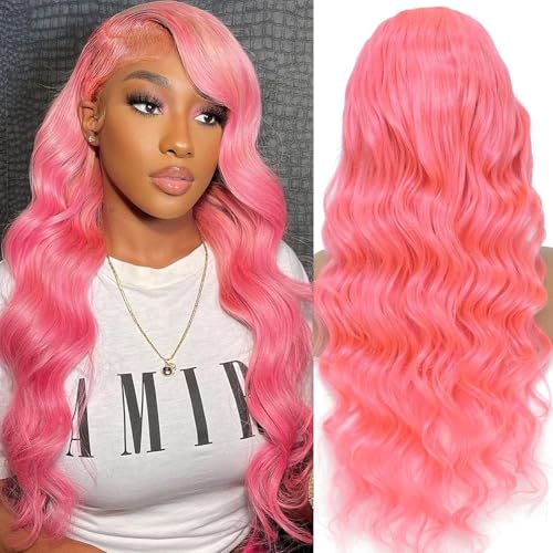 Pink Lace Front Wigs Human Hair 13x6 Body Wave Lace Front Wig Human Hair Pre Plucked 180% Density Hot Pink Hd Full Lace Frontal Wig Wear and Go Glueless Pink Wig Human Hair For Women 20 Inch