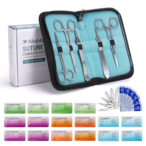 Alcedo Sterile Sutures Thread & Needle with Tools Kit, First Aid Field Emergency Supplies, 16 Mixed 0, 2/0, 3/0, 4/0 with 12 Instruments, Complete Kit (28 Pieces)