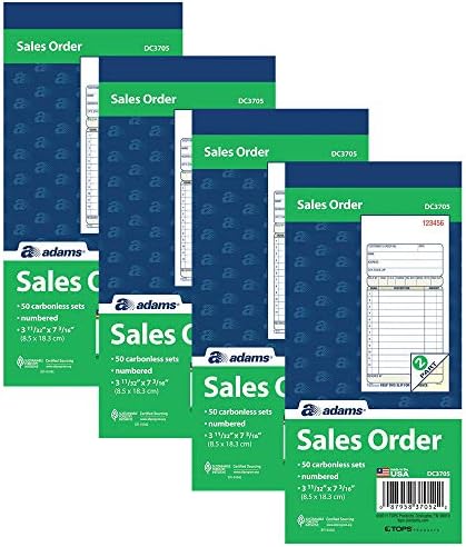 Adams Sales Order Book, 2-Part, Carbonless, White/Canary, 3-11/32 x 7-3/16 Inches, 50 Sets per Book (DC3705), 4 Pack