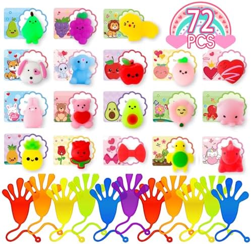 Garma 72Pcs 2 ON 1 Valentines Gifts Cards for Kids with Mochi Squishies Toys and Sticky Hands, Mini Cute Stress Relief Toys Valentines Gifts Classroom Prize Exchange Boys Girls Party Favors Toys