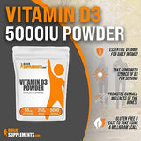 BULKSUPPLEMENTS.COM Vitamin D3 Powder - Cholecalciferol, Vitamin D Supplements, Vitamin D3 5000 IU - Vitamin D Powder, Gluten Free - 50mg (125mcg of Vitamin D3) per Serving, 250g (8.8 oz)