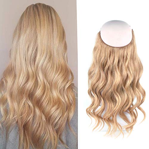 Sassina Invisible Wire Hair Extensions Real Human Hair with Transparent Wire Adjustable Size Secure Clips Natural Straight Secret Miracle Hairpiece, Blonde #12 20 Inch 120 Gram