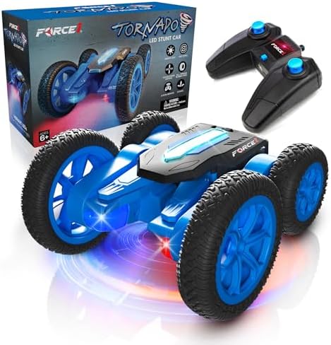 Force1 Tornado Blue LED Remote Control Car for Kids- Double Sided Driving Fast RC Cars 360 Flips, Outdoor 4WD Off Road Stunt RC Car, All Terrain Tires, RC Crawler Rechargeable Battery, 2.4GHz Remote