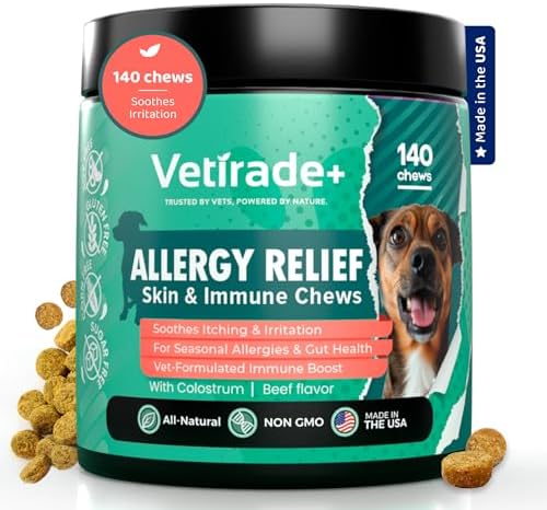 140 Dog Allergy Relief Chews with Colostrum, Vitamin C, & Bee Pollen - Vet-Formulated Dog Allergy Chews for Itchy Skin, Hot Spots, Irritation, & Gut Health