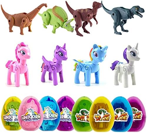 Pinkiwine 8 Pack Jumbo Unicorn & Dinosaur Deformation Eggs Prefilled Plastic Easter Eggs with Toys Inside for Kids Boys Girls Toddlers Easter Basket Stuffers Gifts Fillers Party Favors
