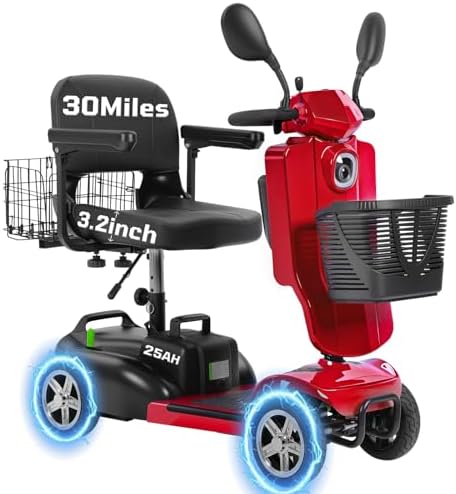 New Upgraded 15/30 Miles MS02Pro 4 Wheels Mobility Scooter for Adults/Seniors, 350W Powered Electric Wheelchair Device w/25Ah Remvable Battery, Dual Baskets, Wind Deflector