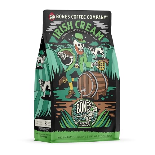 Bones Coffee Company Irish Cream Flavored Coffee Beans, Medium Roast Ground Coffee Low Acid, Nutty Flavor (12 oz)