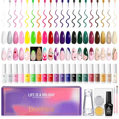 beetles Nail Art Liner Gel Polish Holiday Set, 21 Colors Classic Reflective Glitter Manicure Design Golden Silver Pink Green Decoration Gel Chrome Powder Nail Stamper Brush Pen Gifts for Women