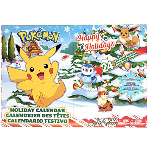 Pokemon Holiday Advent Calendar for Kids, 24 Piece Gift Playset - Set Includes Pikachu, Eevee, Jigglypuff and More - 16 Toy Character Figures & 8 Christmas Accessories - Ages 4+