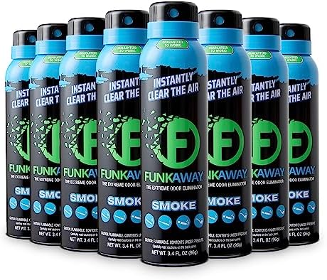 FunkAway Smoke Odor Eliminator Spray for Air, 3.4 oz., 8 Pack, Eliminates Extreme Cigarette, Cigar and Campfire Smoke Odors, Instantly Refresh Smoky Air