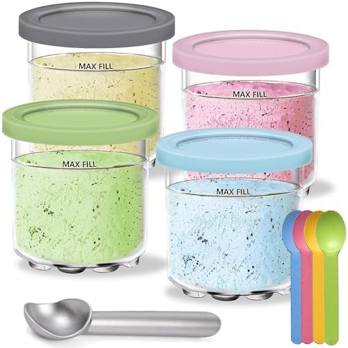 Creami Pints and Lids for Ninja Creami, Pint Container & Lid, 4 Pack 16 oz, Fits NC299AMZ & NC300s Series Creamer Ice Cream Maker, with Ice Cream Spoon