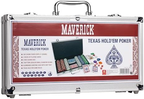 Maverick Texas Hold 'Em Poker Set with Aluminum Case, 300 11 Gram Casino Poker Chips, 2 Decks of Maverick Playing Cards, 5 Red Dice, and 3 Buttons Casino Game for Adults