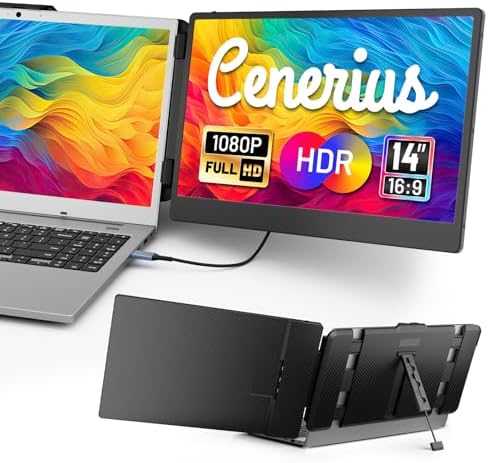 Cenerius 14" Laptop Screen Extender, FHD 1080P IPS Portable Monitor for Laptop, Dual Screen Monitor Extender Compatible with 13"-17" Laptops, HDMI/USB-A/USB-C Plug-Play for Windows, Mac, Android