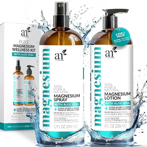 ArtNaturals Magnesium Oil Spray 12 oz + Body Lotion Set 8oz - Extra Strength Ultra-Pure Soothing Relief & Relaxation for Better Sleep, Muscle Health Leg & Joint Care W/a Less Itch, Non-Greasy Formula