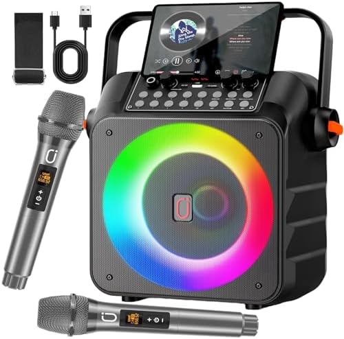 Karaoke Machine with 2 Wireless Microphones: HWWR Portable Karaoke Machine for Adults and Kids, Bluetooth Karaoke Speaker with Microphone, 6.5" Subwoofer PA System & LED Lights for Home Party, Gifts