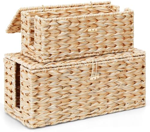 Posprica Cable Management Box with Lid, 2 Pack Handwoven Rattan Cord Hider Organizer Boxes, 2 Side Open Slots Storage Box to Hide Cords and Power Strip for Desk, Floor, Office