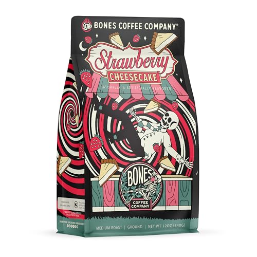 Bones Coffee Company Strawberry Cheesecake Flavored Coffee Beans, Ground Bean Coffee Medium Roast Low Acid, Strawberry Cheesecake Flavor (12 oz)