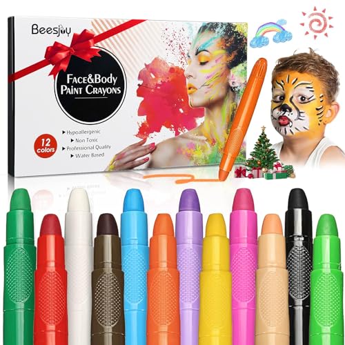 Beesjuy Face Painting Kits for Kids,12 Color Water Based Face Paint Kit, Washable Kids Body Paint for Makeup, for Birthday, Halloween, Thanksgiving Day, Cosplay Makeup, Gifts for Kids/Children