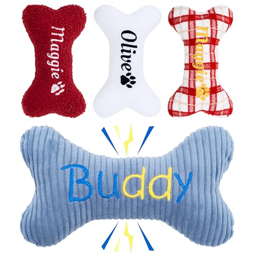 2025 Personalized Squeaky Dog Toys, Embroidered Bone Shape Corduroy Pet Pillow 8"x5"with Name, Dog Chew Puzzle Toy Custom Color Birthday Gifts for Small Medium Dogs
