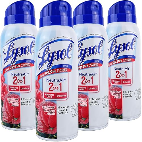 Lysol Disinfectant Spray Spray Neutra Air, 4 Pack, Summer Breeze Scent, 2 in 1 Air Freshener Spray Eliminates Odors and Disinfects, for Hard Surfaces in Kitchen and Bathroom, 10 oz. Each