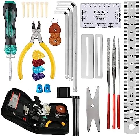 28PCS Guitar Tool Kit,Guitar Repair Tools Kit,Professional Guitar Repairing Maintenance Tool Kit with Wire Plier String Organizer Fingerboard Protector Hex Wrenches Files String Action Ruler Spanner
