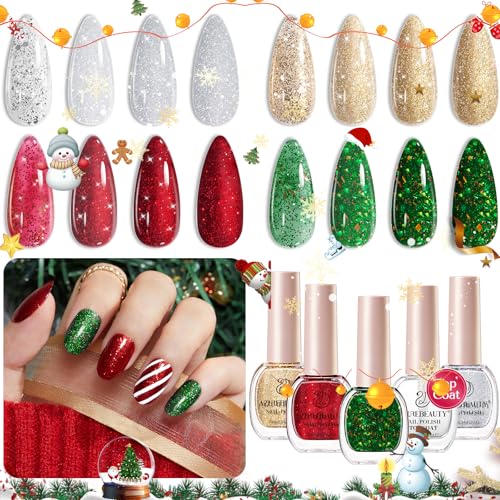 AZUREBEAUTY Nail Polish Set, 4 Colors Christmas Glitter Red Green Gold Silver Quick Dry Natural Vegan Fingernail Lacquer Strengthening Treatment Kit with Top Coat DIY Salon at Home