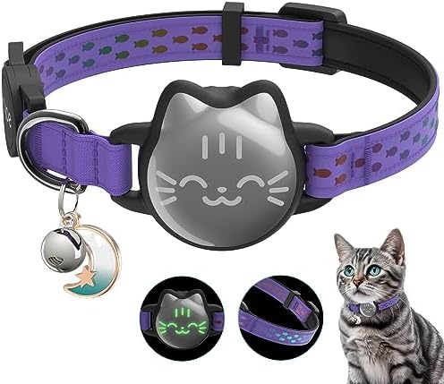 Waterproof Airtag Cat Collar, Breakaway Cat Airtag Collar with Luminous & Reflective Pattern Strap, Lightweight Kitten Collar for Apple Air tag, Hidden Holder for GPS Tracker - Cats, Kittens (9-13")