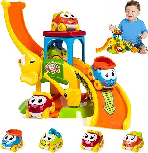 Marstone Toddler Toys for 1 2 Year Old Boys and Girls Gifts, Educational Elephant Slide with 4 Animal Cars Toys for Baby 12-18 Months, First Birthday Present Learning Push Truck Track Ages 1-2