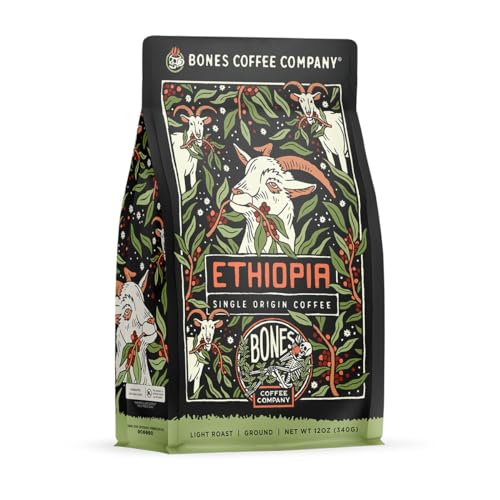 Bones Coffee Company Ethiopia Single-Origin Coffee Beans, Light Roast Ground Coffee Gifts Low Acid Gourmet, Citrus, Floral, Berries Notes (12 oz)