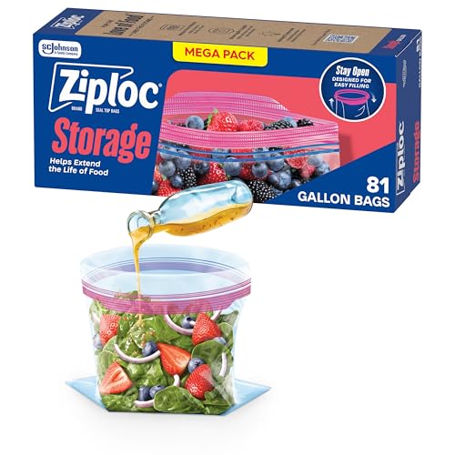 Ziploc Gallon Food Storage Bags, Stand-Up Bottom, Easy to Fill, 81 Count (Packaging May Vary)