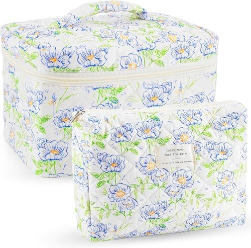 2Pcs Cotton Quilted Makeup Bag for Women Floral Extra Large Small Travel Cosmetic Bag Set Big Cute Blue Makeup Pouch Portable Toiletry Bag Organizer Coquette Vintage Puffy Travel Essential