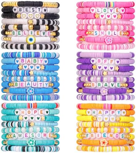 LUYI 32 Pcs Preppy Jewelry Bracelets for Women Clay Bead Colorful Surfer Heishi Bracelet Set Stackable Beaded Friendship Stretch Bracelets Boho Y2K Summer Beach Elastic Layering Bracelets
