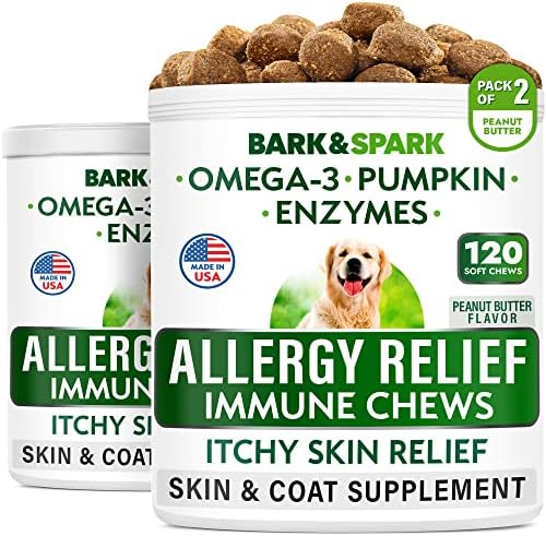 BARK&SPARK Allergy Relief Dog Treats - Omega 3 + Pumpkin + Enzymes - Itchy Skin Relief (240 Ct) - Seasonal Allergies - Anti-Itch & Hot Spots - Immune Supplement - Made in USA - Peanut Flavor Chews