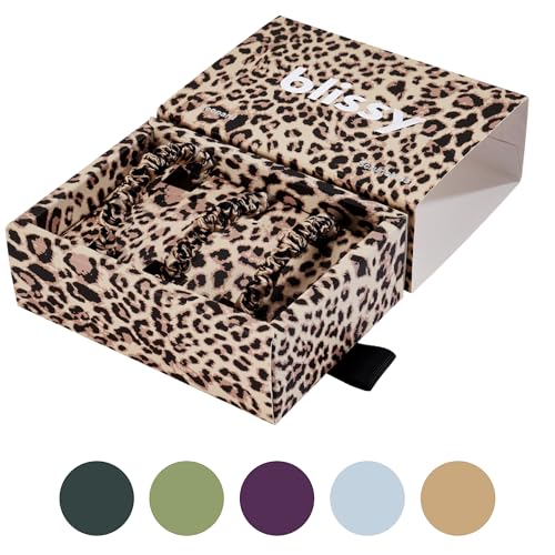 Blissy Silk Scrunchies (3 Pack) - 100% Pure Mulberry Silk - 22 Momme 6A High-Grade Fibers - Silk Scrunchie for Straight & Curly Hair (Leopard, Skinny)